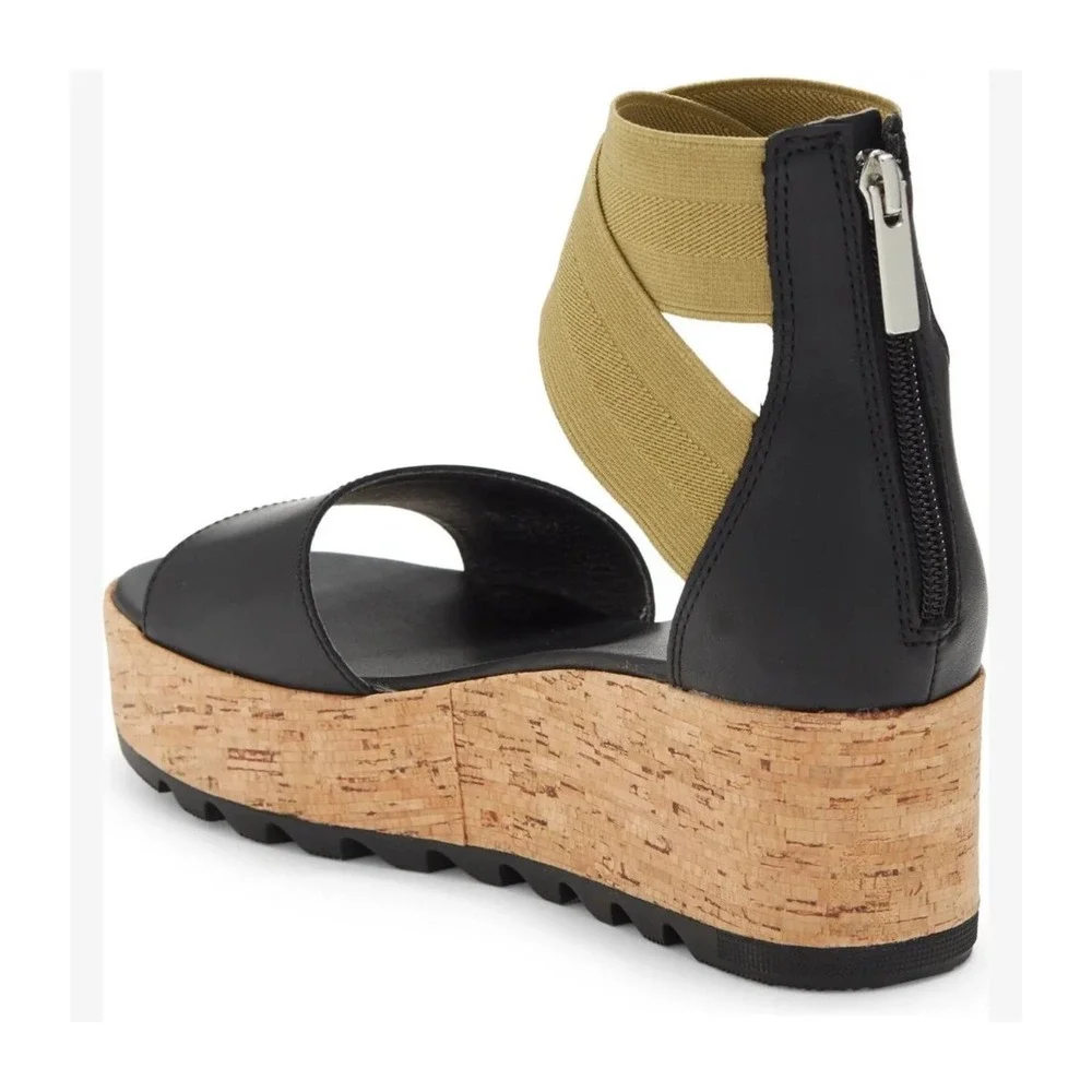 Sorel‎ Cameron Flatform Ankle Strap Wedge Sandals Leather Black Olive Size 8